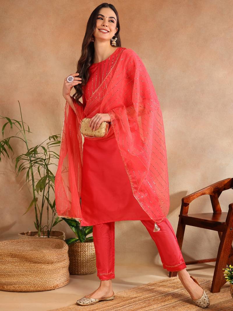 fuchsia color yoke design poly chanderi styles kurta trouser with dupatta