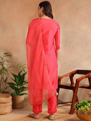 fuchsia color yoke design poly chanderi styles kurta trouser with dupatta 4