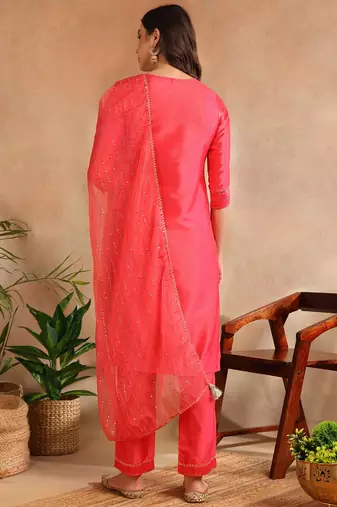 fuchsia color yoke design poly chanderi styles kurta trouser with dupatta