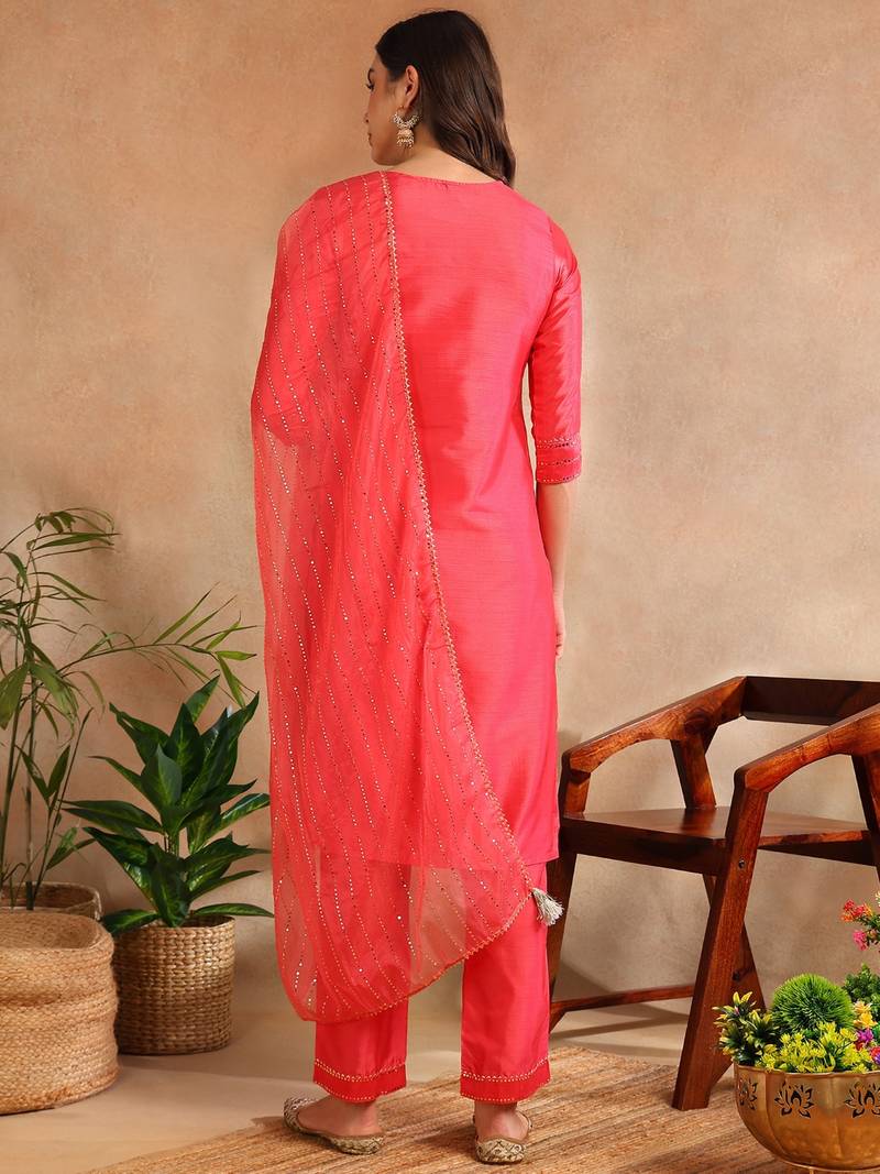 fuchsia color yoke design poly chanderi styles kurta trouser with dupatta
