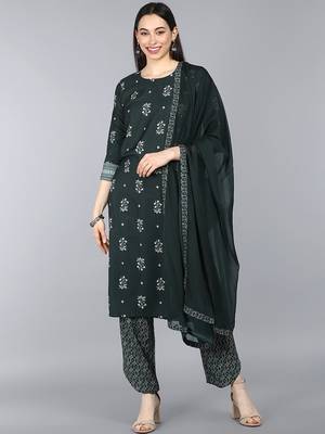 green color printed poly crepe styles kurta trouser with dupatta 1
