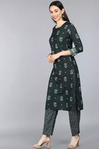 green color printed poly crepe styles kurta trouser with dupatta
