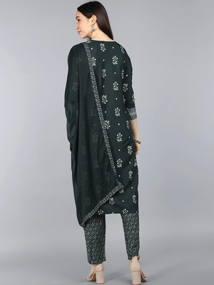 green color printed poly crepe styles kurta trouser with dupatta 4