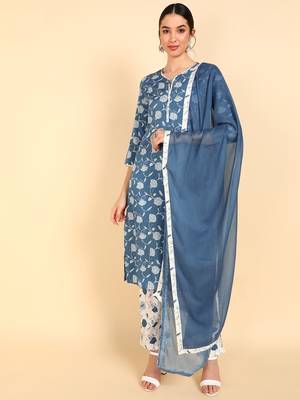 blue color printed polyester styles kurta trouser with dupatta 1