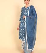 blue color printed polyester styles kurta trouser with dupatta
