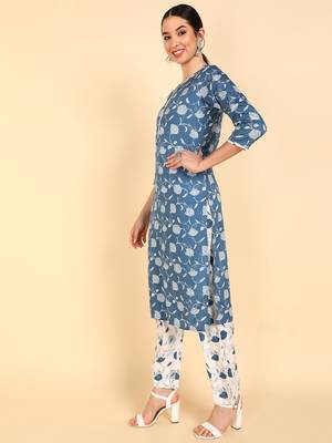 blue color printed polyester styles kurta trouser with dupatta 3