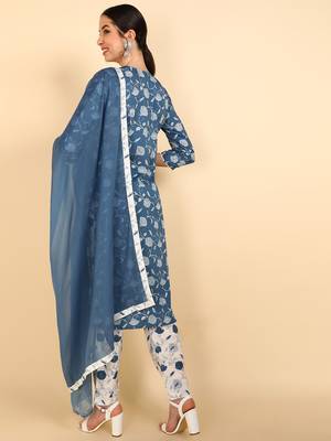blue color printed polyester styles kurta trouser with dupatta 4
