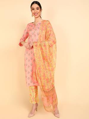 peach color printed polyester styles kurta trouser with dupatta 1