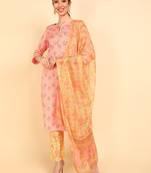 peach color printed polyester styles kurta trouser with dupatta