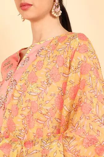 peach color printed polyester styles kurta trouser with dupatta