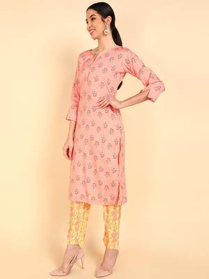 peach color printed polyester styles kurta trouser with dupatta 3