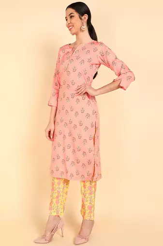 peach color printed polyester styles kurta trouser with dupatta