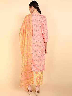 peach color printed polyester styles kurta trouser with dupatta 4