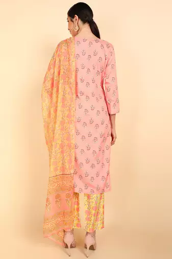 peach color printed polyester styles kurta trouser with dupatta