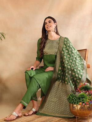 green color woven design poly silk styles kurta trouser with dupatta 1