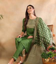 green color woven design poly silk styles kurta trouser with dupatta