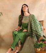 green color woven design poly silk styles kurta trouser with dupatta