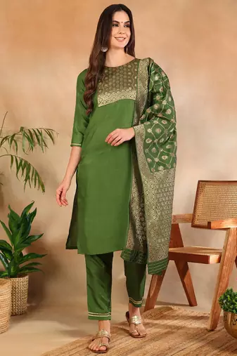 green color woven design poly silk styles kurta trouser with dupatta
