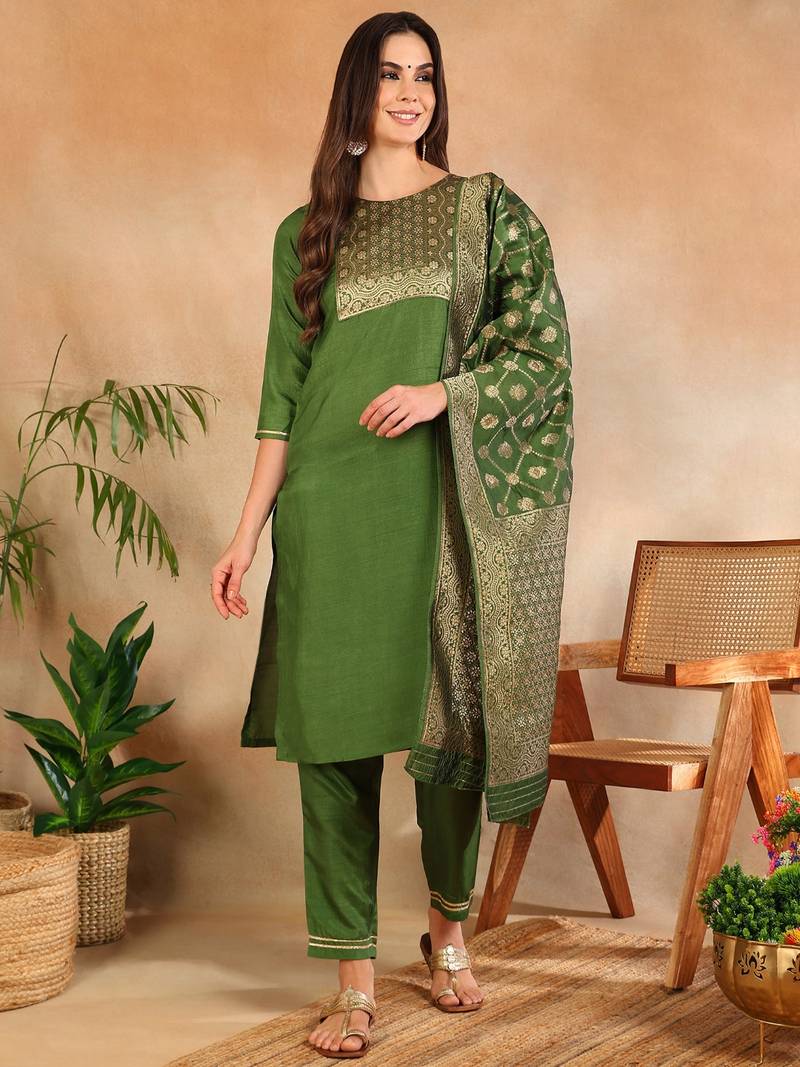 green color woven design poly silk styles kurta trouser with dupatta