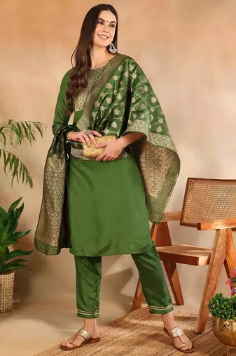 green color woven design poly silk styles kurta trouser with dupatta