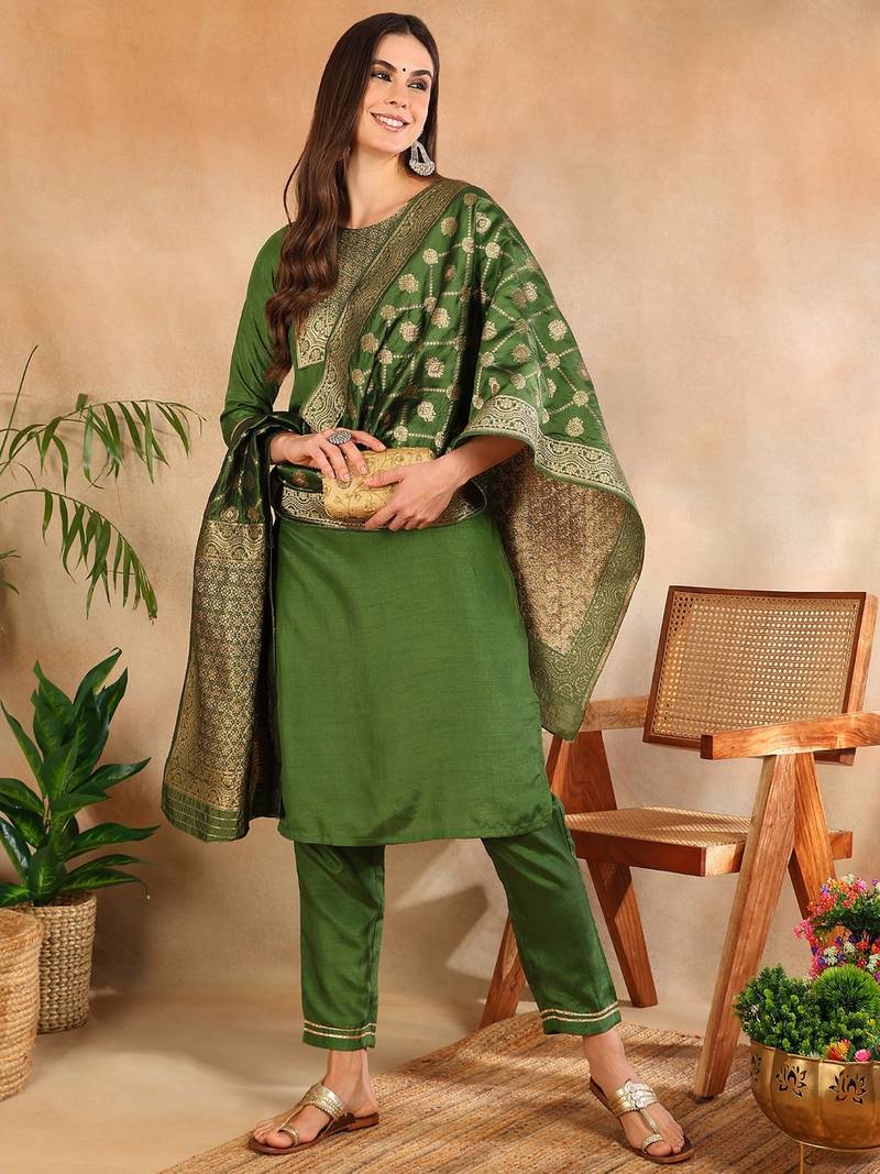 green color woven design poly silk styles kurta trouser with dupatta