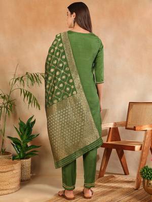 green color woven design poly silk styles kurta trouser with dupatta 4