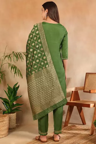 green color woven design poly silk styles kurta trouser with dupatta