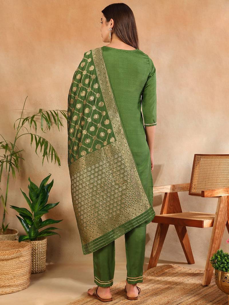 green color woven design poly silk styles kurta trouser with dupatta