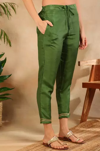 green color woven design poly silk styles kurta trouser with dupatta