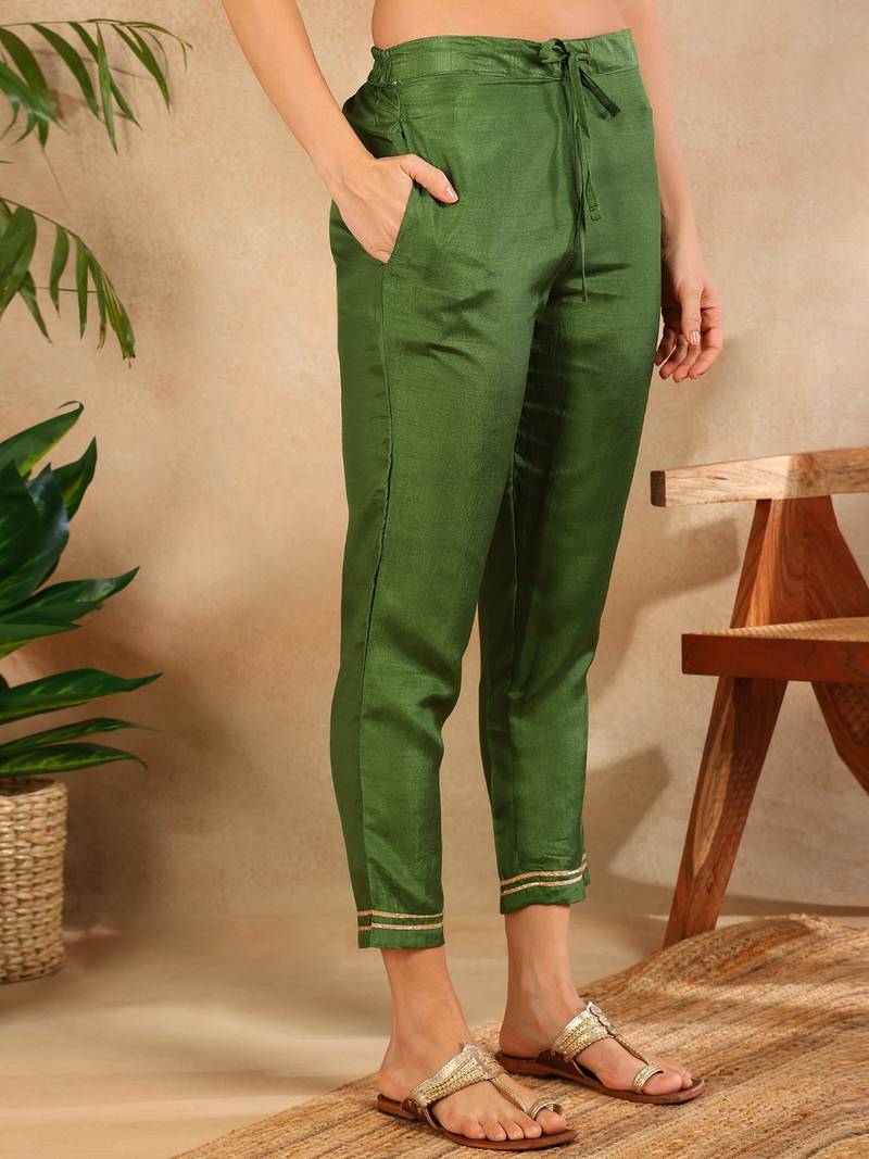 green color woven design poly silk styles kurta trouser with dupatta