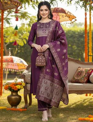 purple color woven design poly silk styles kurta trouser with dupatta 1