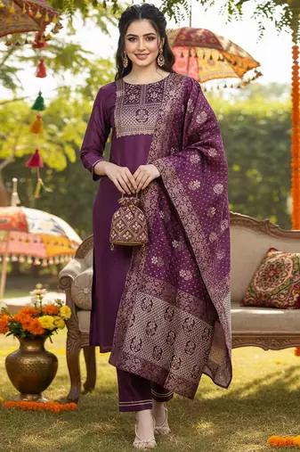 purple color woven design poly silk styles kurta trouser with dupatta