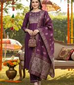 purple color woven design poly silk styles kurta trouser with dupatta