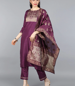 purple color woven design poly silk styles kurta trouser with dupatta