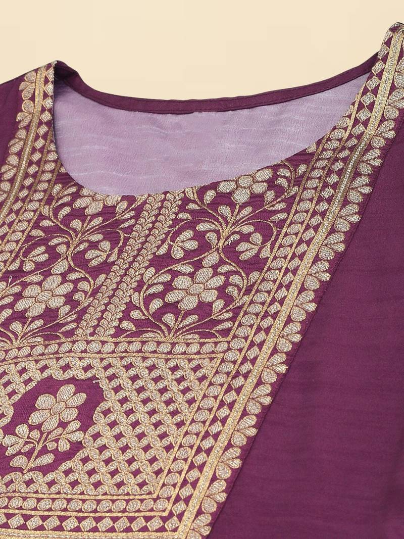 purple color woven design poly silk styles kurta trouser with dupatta