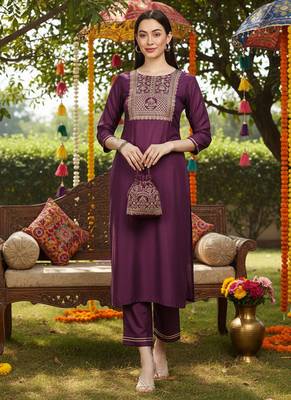 purple color woven design poly silk styles kurta trouser with dupatta 3