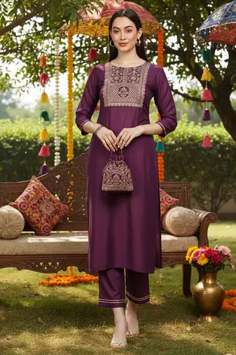purple color woven design poly silk styles kurta trouser with dupatta