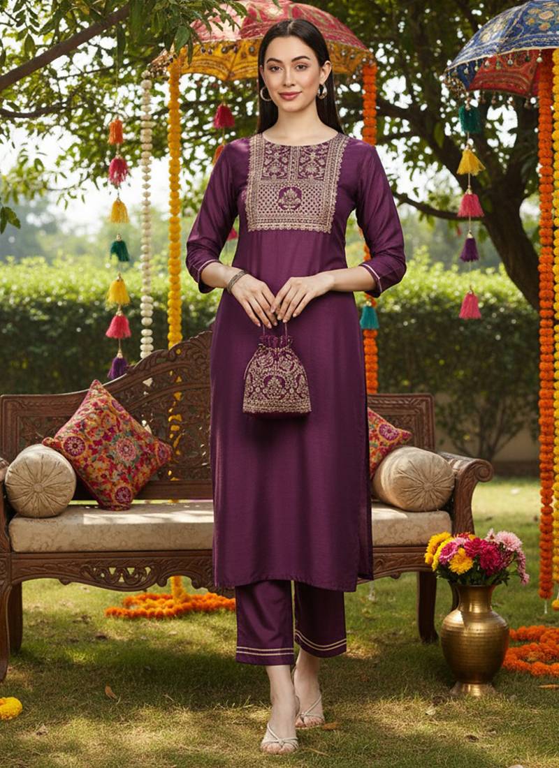 purple color woven design poly silk styles kurta trouser with dupatta