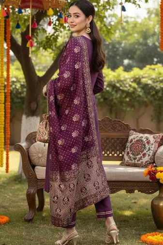 purple color woven design poly silk styles kurta trouser with dupatta