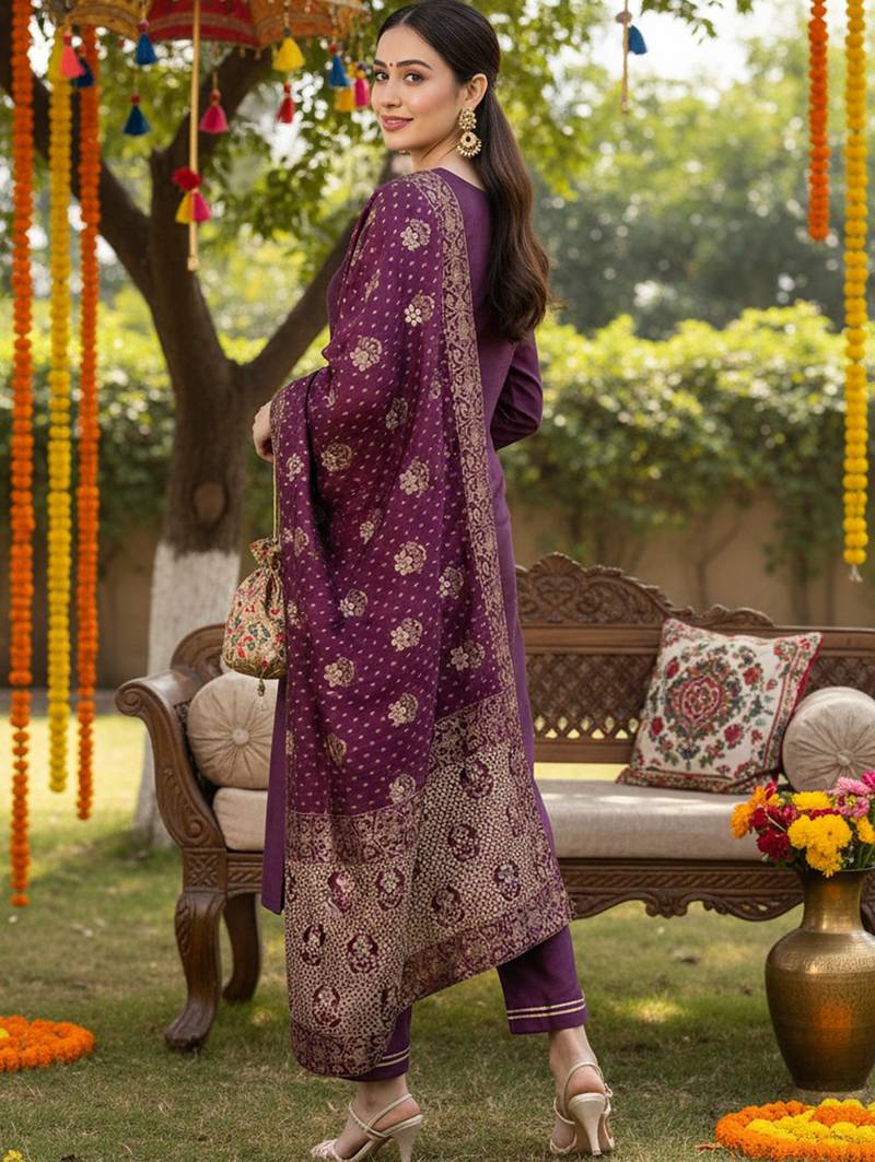 purple color woven design poly silk styles kurta trouser with dupatta