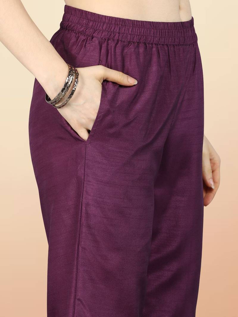 purple color woven design poly silk styles kurta trouser with dupatta