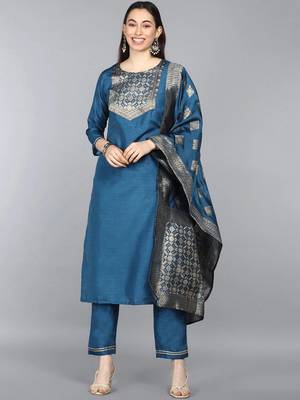 teal color woven design poly silk styles kurta trouser with dupatta 1