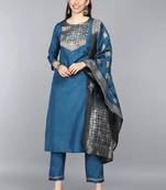 teal color woven design poly silk styles kurta trouser with dupatta