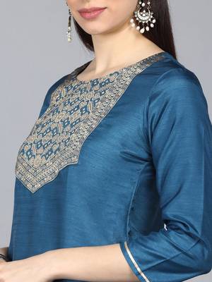 teal color woven design poly silk styles kurta trouser with dupatta 2