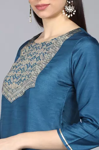 teal color woven design poly silk styles kurta trouser with dupatta