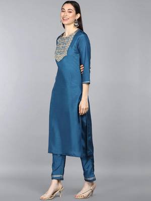teal color woven design poly silk styles kurta trouser with dupatta 3