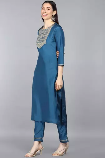 teal color woven design poly silk styles kurta trouser with dupatta