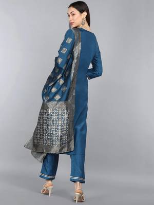 teal color woven design poly silk styles kurta trouser with dupatta 4