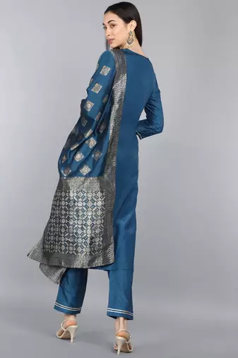 teal color woven design poly silk styles kurta trouser with dupatta