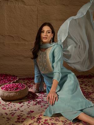 grey color embroidered poly silk styles kurta trouser with dupatta 1